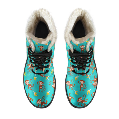 Monkey Banana Design Themed Print Faux Fur Leather Boots-JTAMIGO.COM