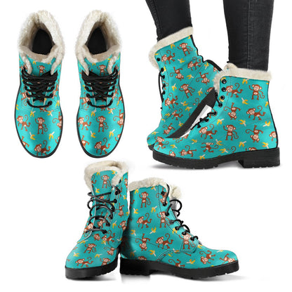 Monkey Banana Design Themed Print Faux Fur Leather Boots-JTAMIGO.COM