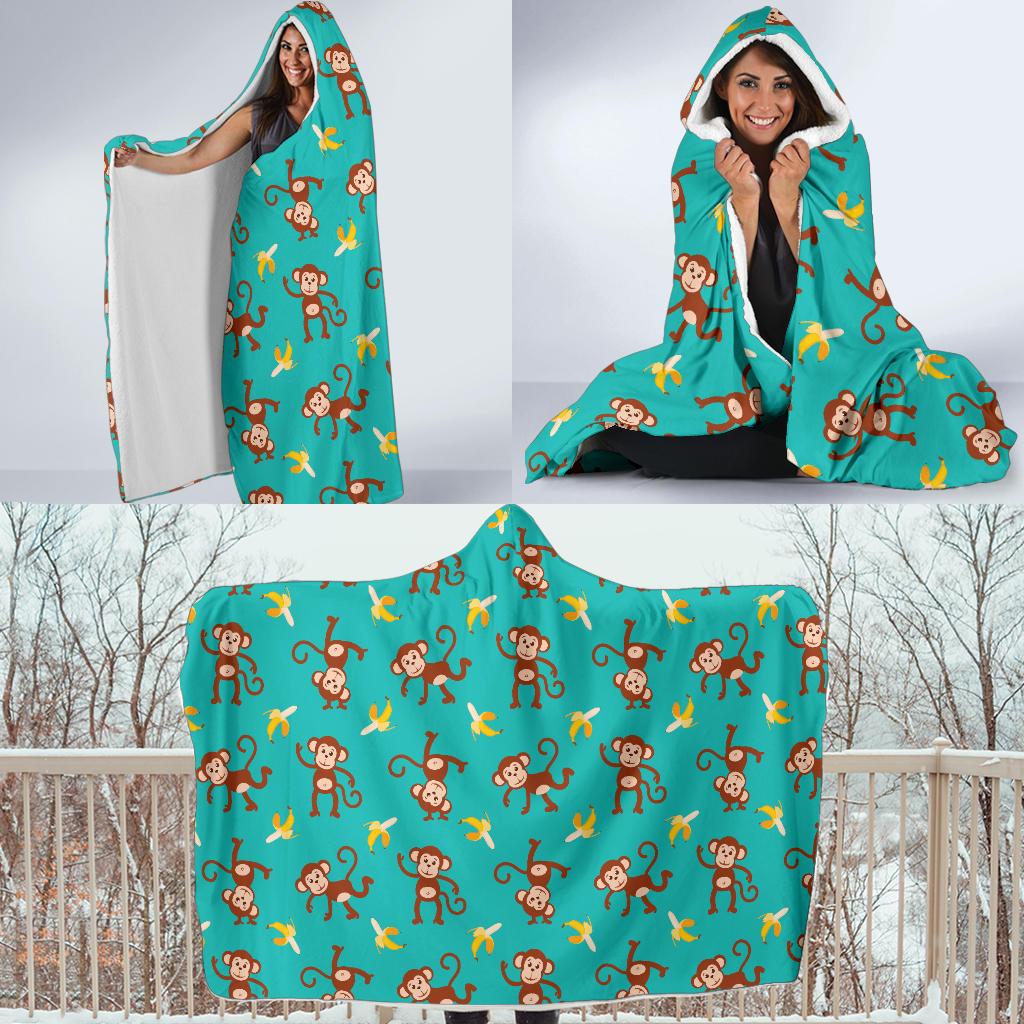 Monkey Banana Design Themed Print Hooded Blanket-JTAMIGO.COM