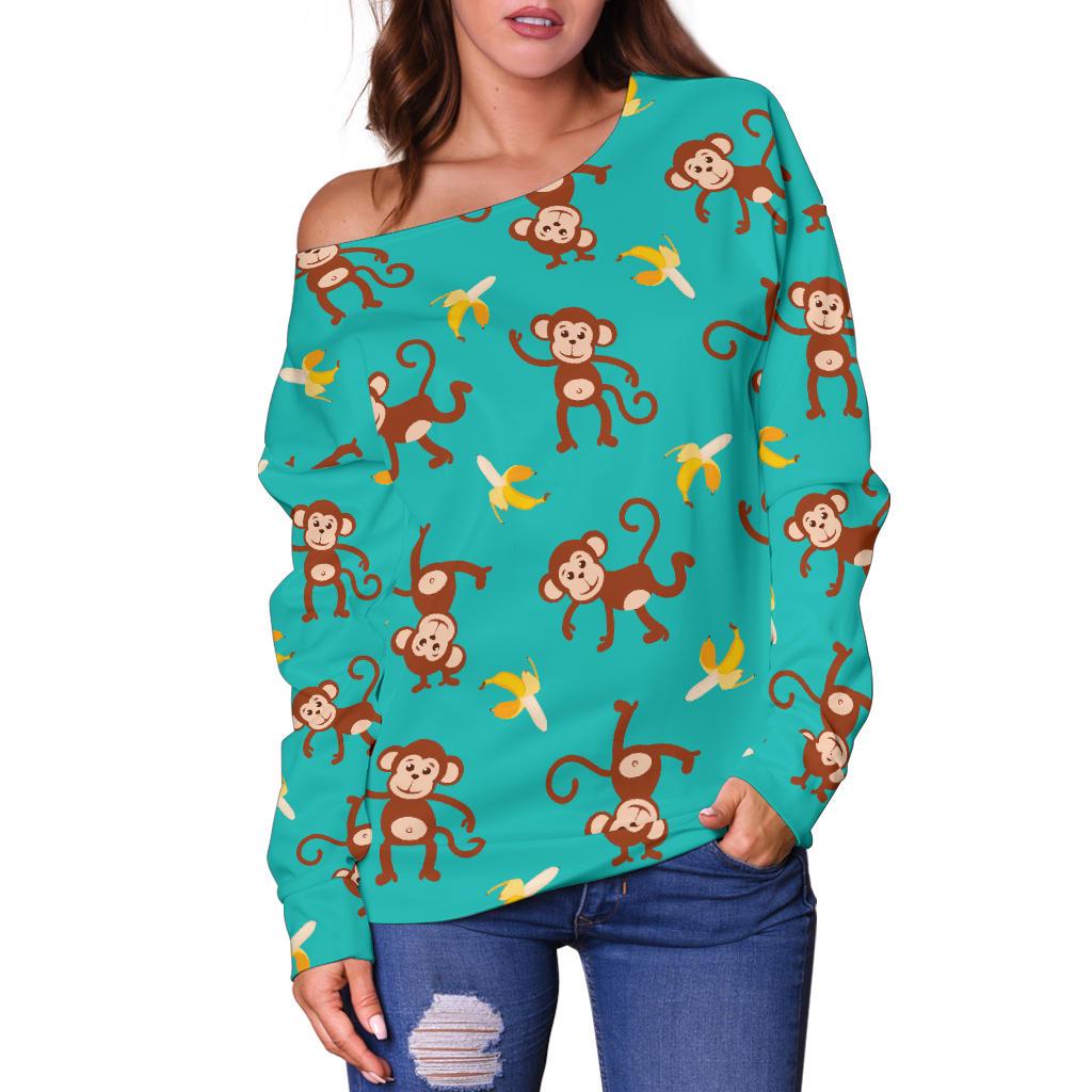Monkey Banana Design Themed Print Off Shoulder Sweatshirt