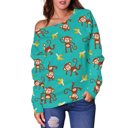 Monkey Banana Design Themed Print Off Shoulder Sweatshirt