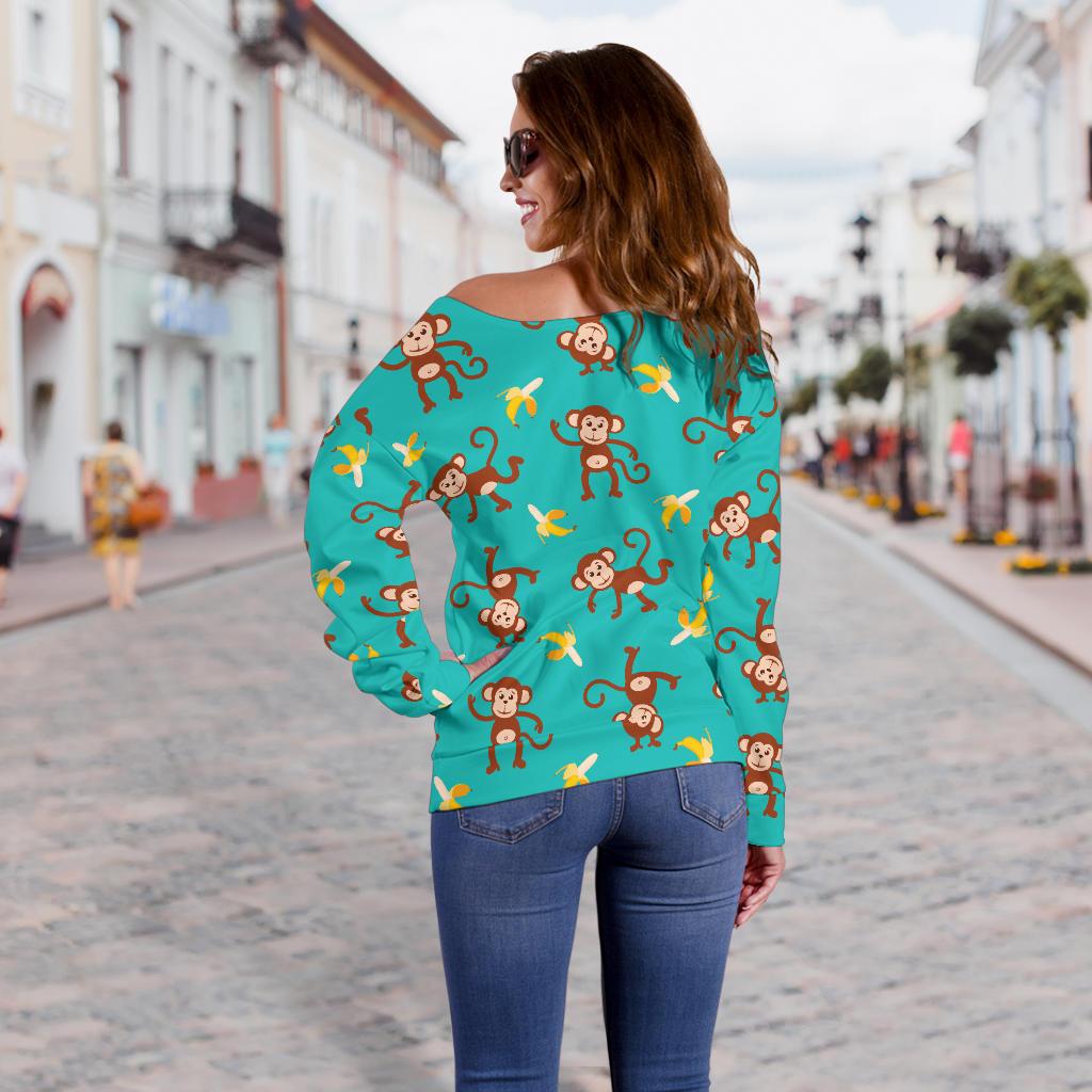 Monkey Banana Design Themed Print Off Shoulder Sweatshirt