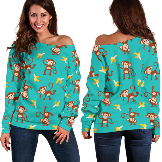 Monkey Banana Design Themed Print Off Shoulder Sweatshirt