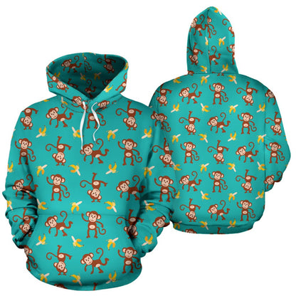 Monkey Banana Design Themed Print Pullover Hoodie