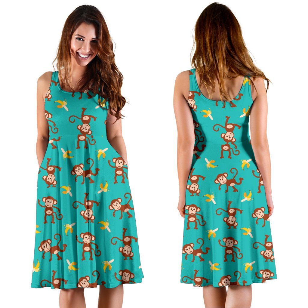 Monkey Banana Design Themed Print Sleeveless Dress