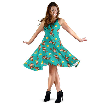 Monkey Banana Design Themed Print Sleeveless Dress