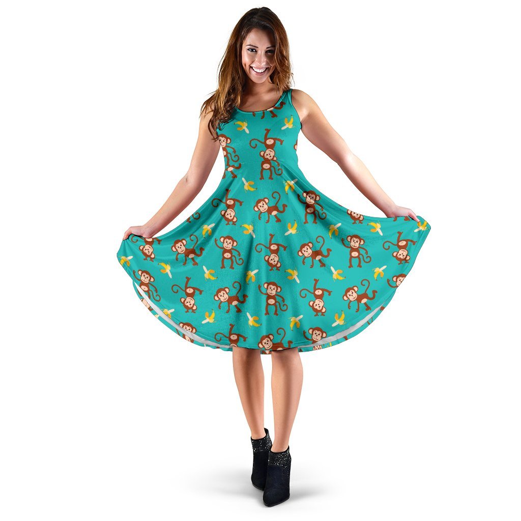 Monkey Banana Design Themed Print Sleeveless Dress