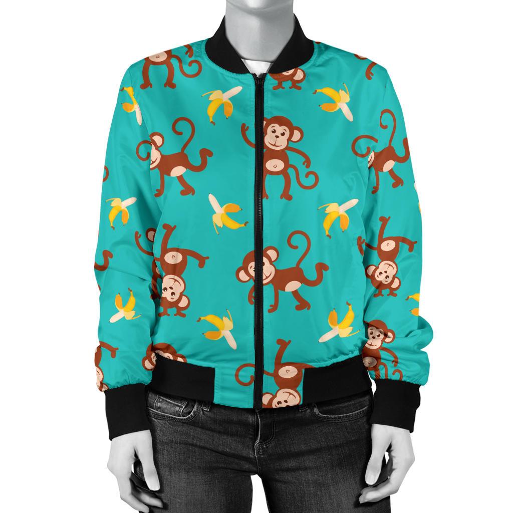 Monkey Banana Design Themed Print Women Casual Bomber Jacket