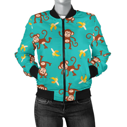 Monkey Banana Design Themed Print Women Casual Bomber Jacket