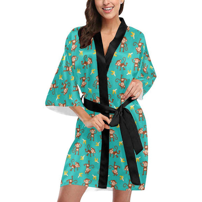 Monkey Banana Design Themed Print Women Short Kimono Robe