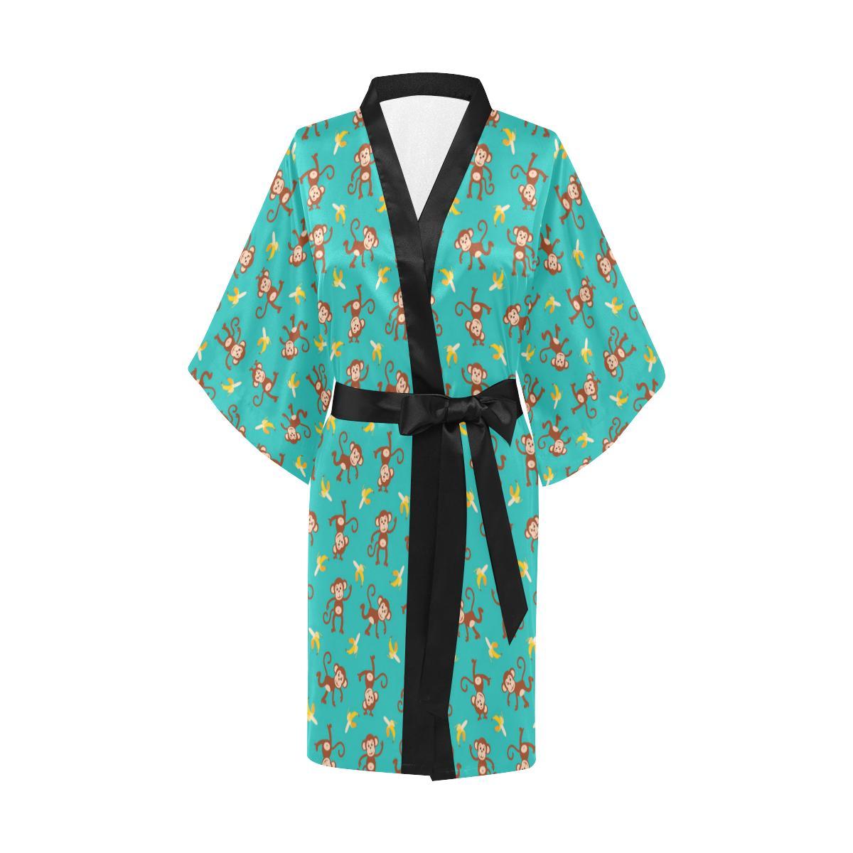 Monkey Banana Design Themed Print Women Short Kimono Robe