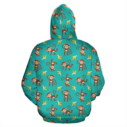Monkey Banana Design Themed Print Zip Up Hoodie