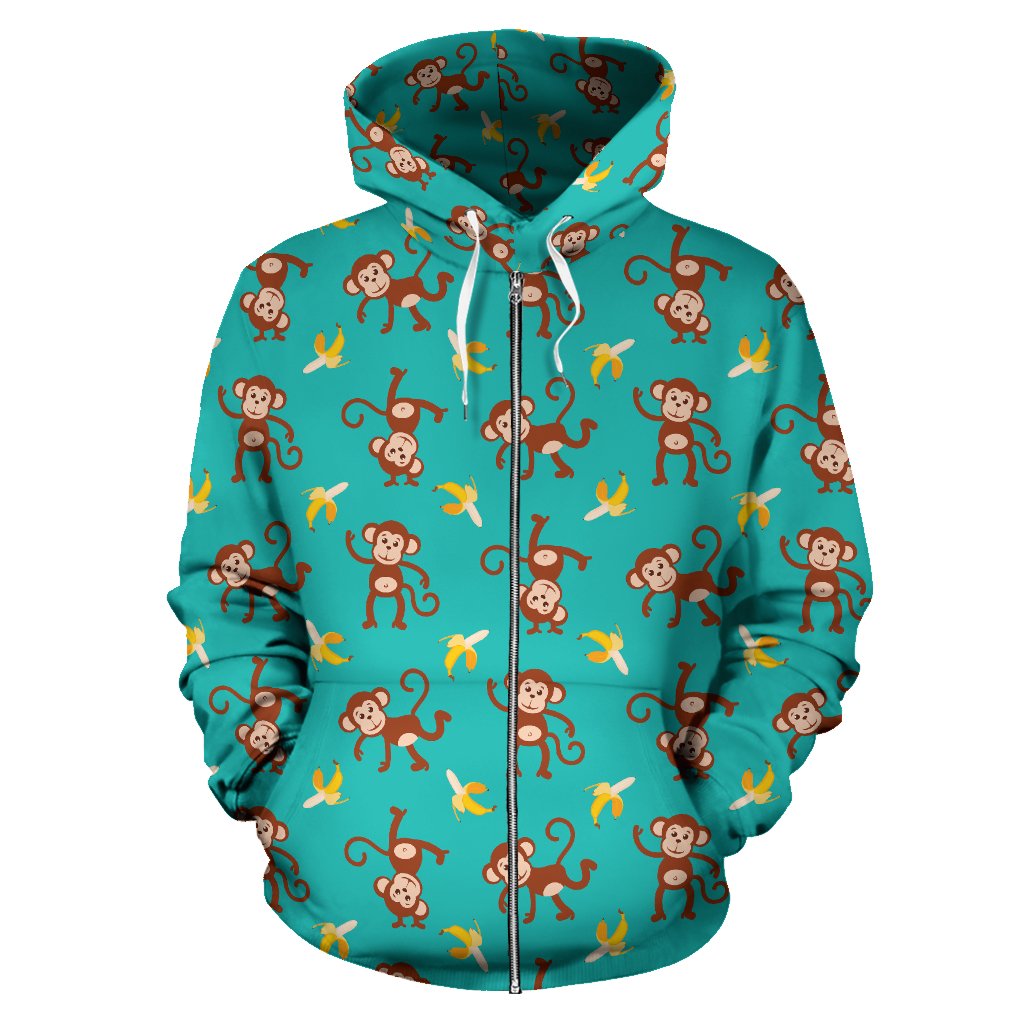 Monkey Banana Design Themed Print Zip Up Hoodie