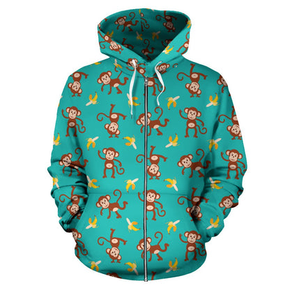 Monkey Banana Design Themed Print Zip Up Hoodie