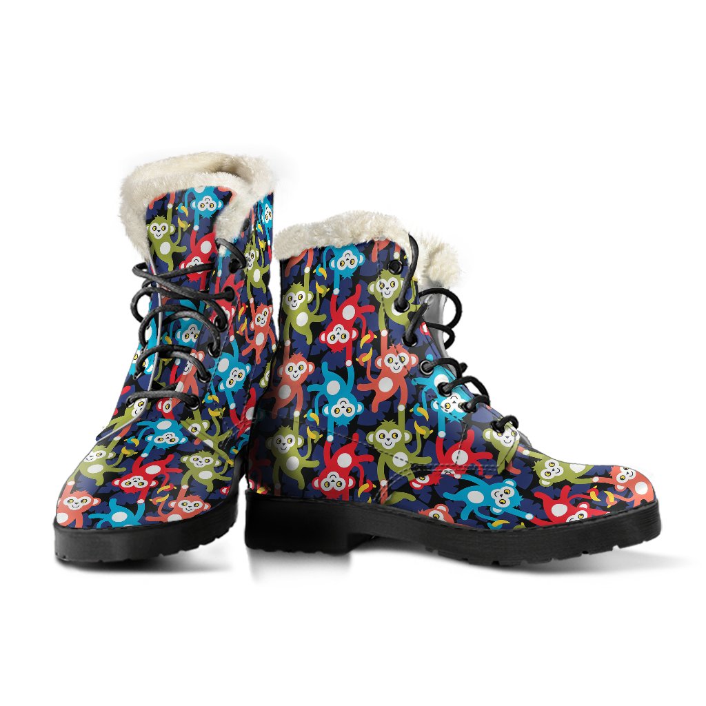 Monkey Colorful Design Themed Print Faux Fur Leather Boots-JTAMIGO.COM