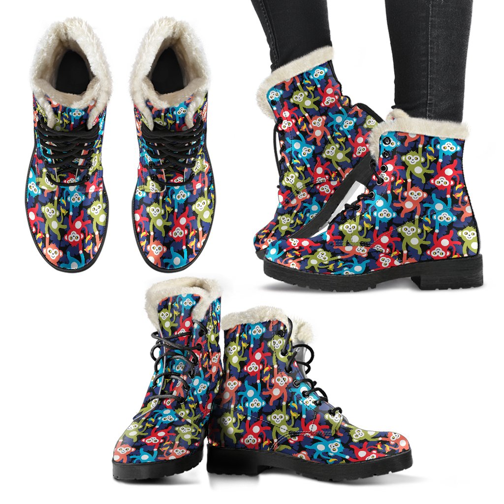 Monkey Colorful Design Themed Print Faux Fur Leather Boots-JTAMIGO.COM