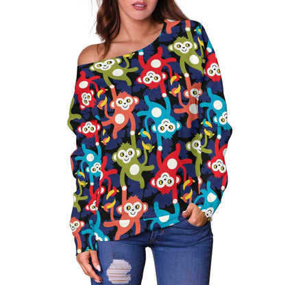 Monkey Colorful Design Themed Print Off Shoulder Sweatshirt