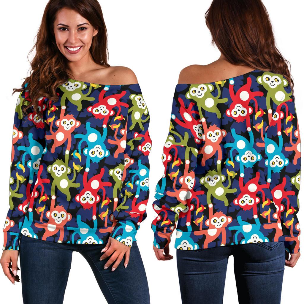 Monkey Colorful Design Themed Print Off Shoulder Sweatshirt