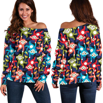 Monkey Colorful Design Themed Print Off Shoulder Sweatshirt