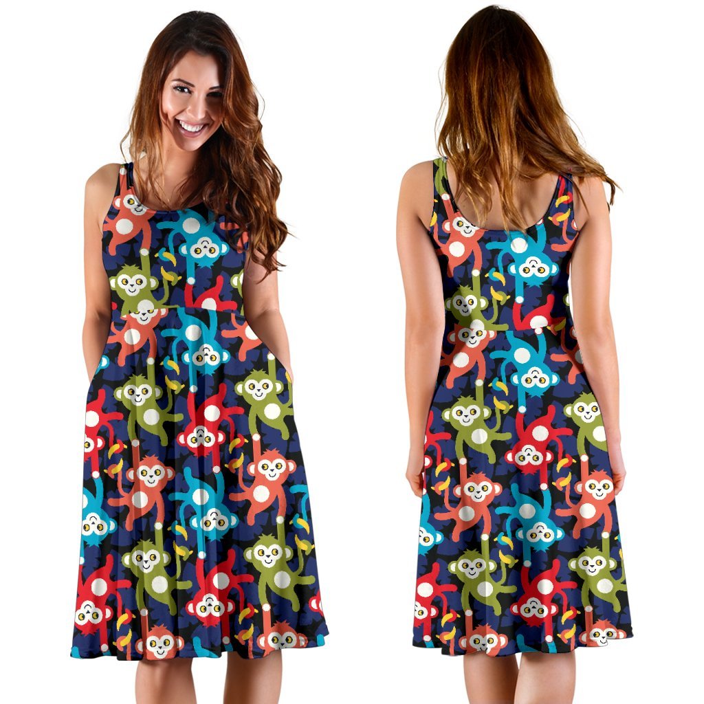 Monkey Colorful Design Themed Print Sleeveless Dress
