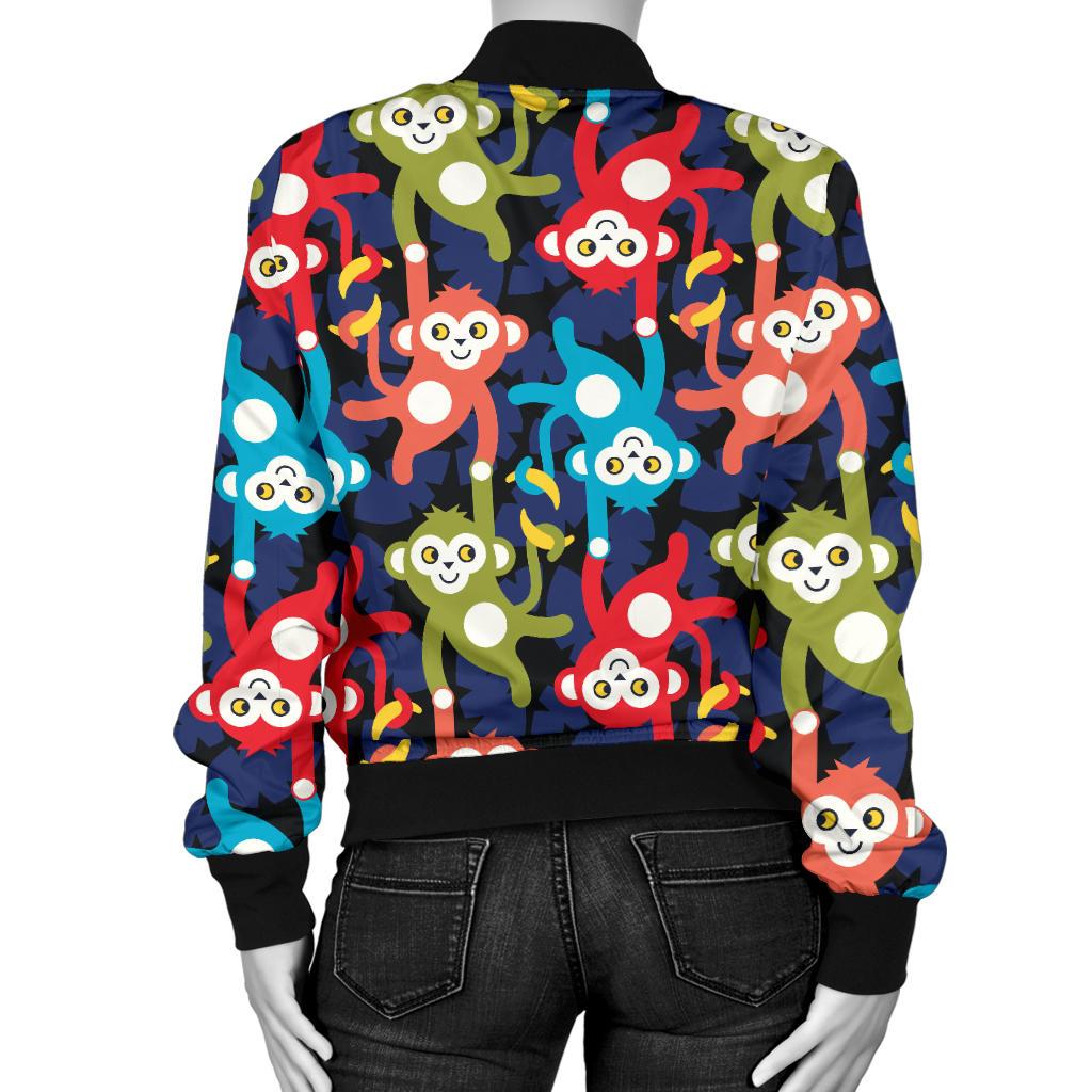 Monkey Colorful Design Themed Print Women Casual Bomber Jacket