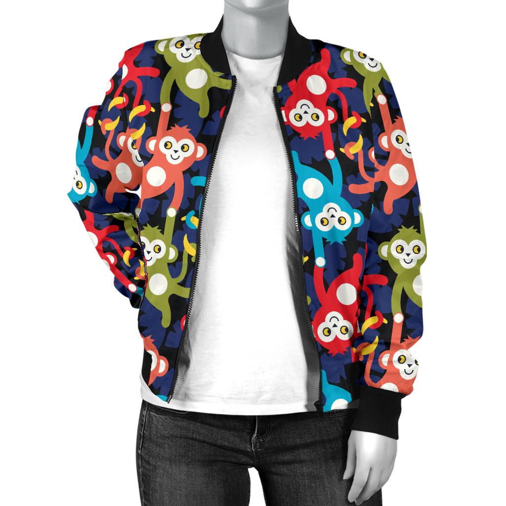 Monkey Colorful Design Themed Print Women Casual Bomber Jacket