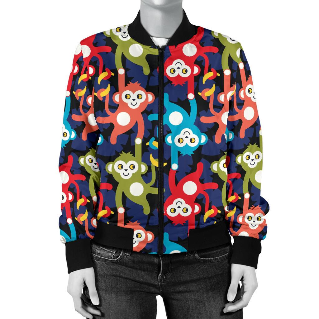 Monkey Colorful Design Themed Print Women Casual Bomber Jacket