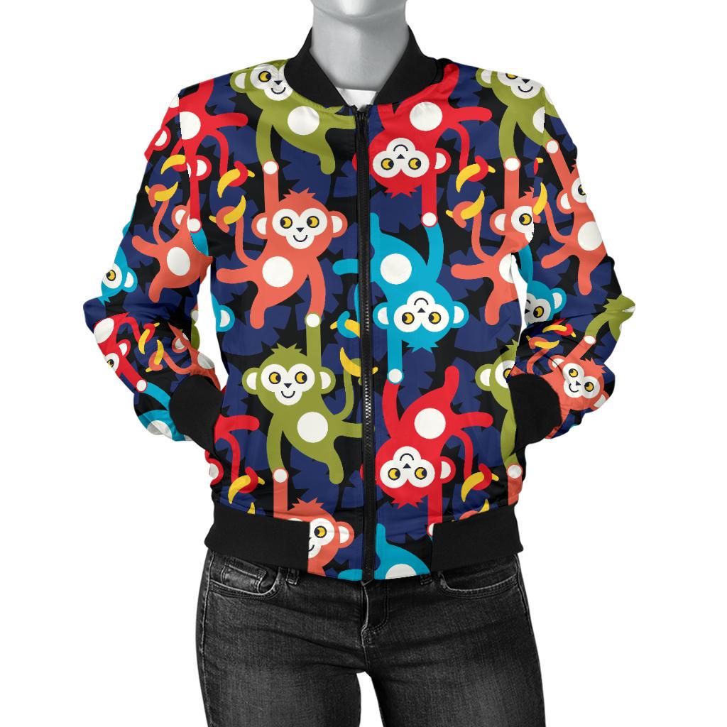 Monkey Colorful Design Themed Print Women Casual Bomber Jacket