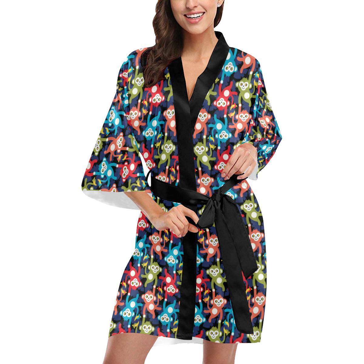 Monkey Colorful Design Themed Print Women Short Kimono Robe