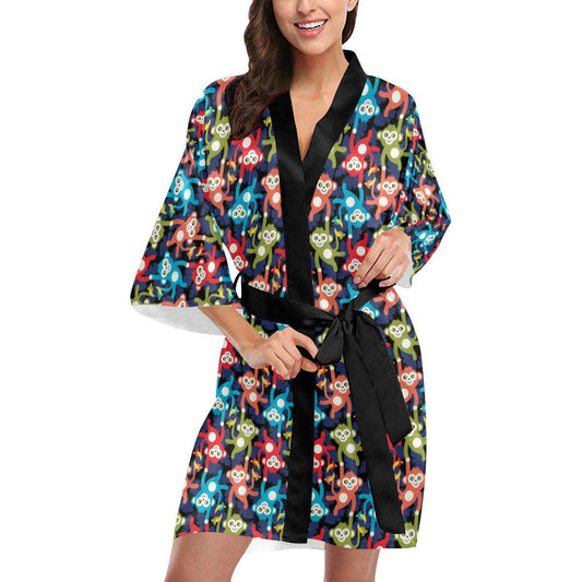 Monkey Colorful Design Themed Print Women Short Kimono Robe