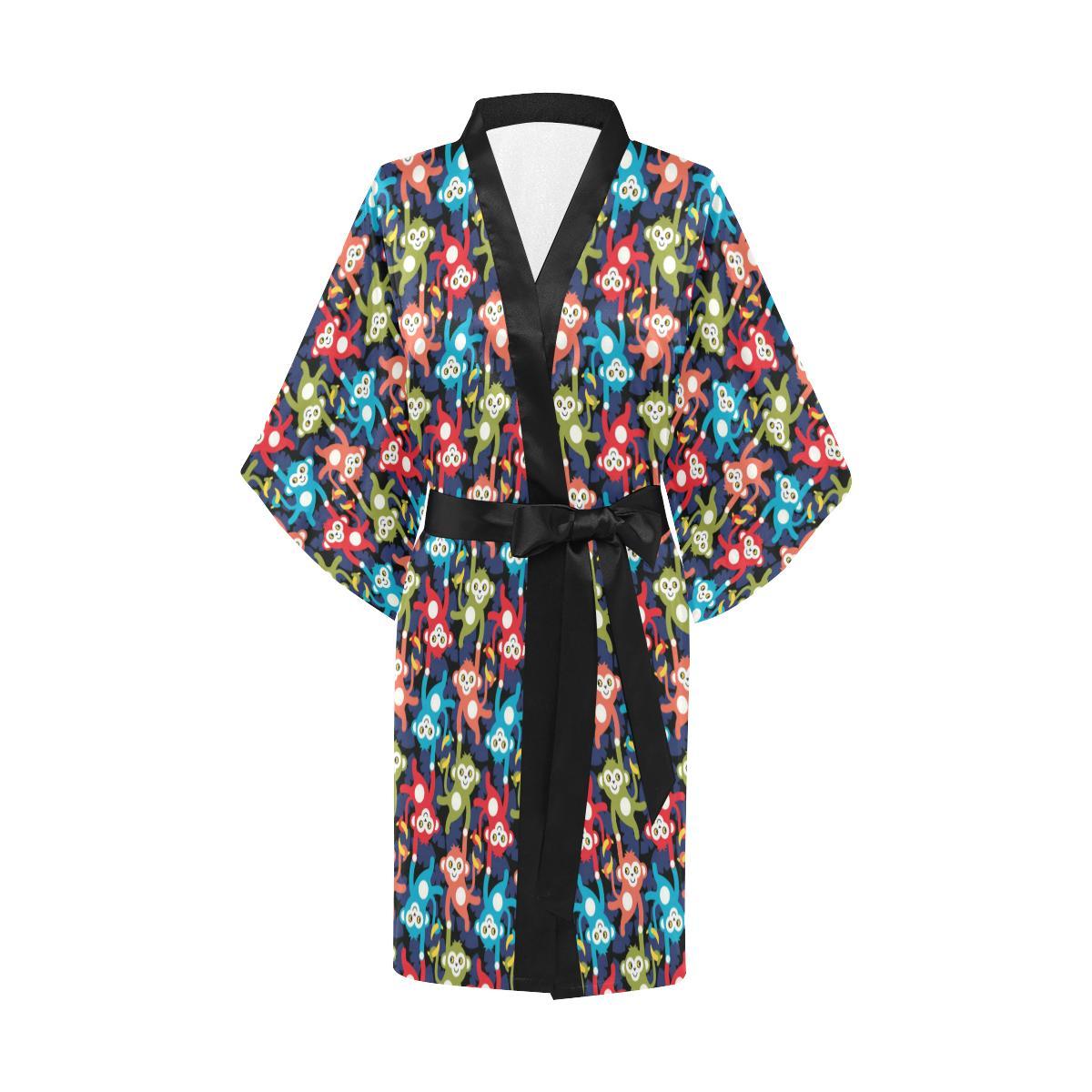 Monkey Colorful Design Themed Print Women Short Kimono Robe