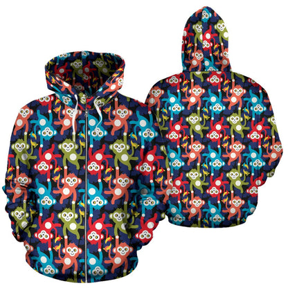 Monkey Colorful Design Themed Print Zip Up Hoodie