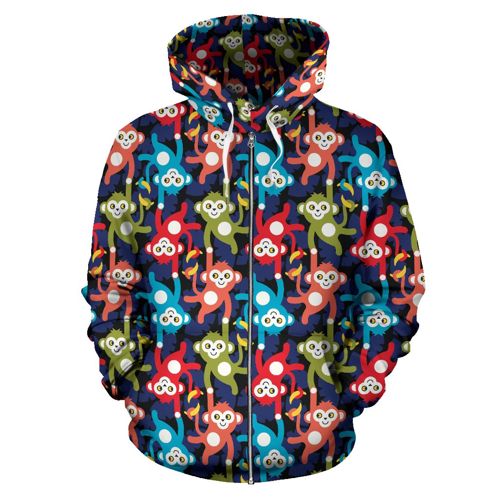 Monkey Colorful Design Themed Print Zip Up Hoodie