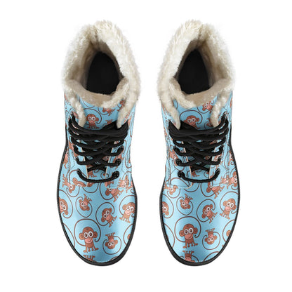 Monkey Cute Design Themed Print Faux Fur Leather Boots-JTAMIGO.COM
