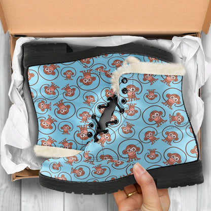 Monkey Cute Design Themed Print Faux Fur Leather Boots-JTAMIGO.COM