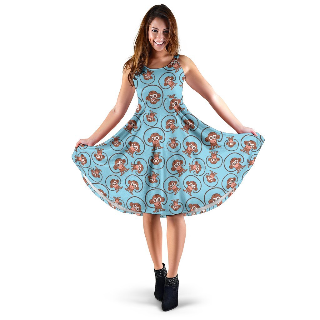 Monkey Cute Design Themed Print Sleeveless Dress