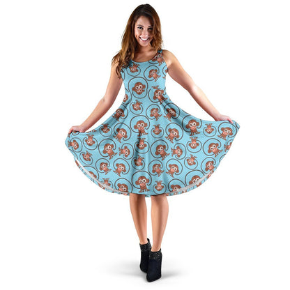 Monkey Cute Design Themed Print Sleeveless Dress