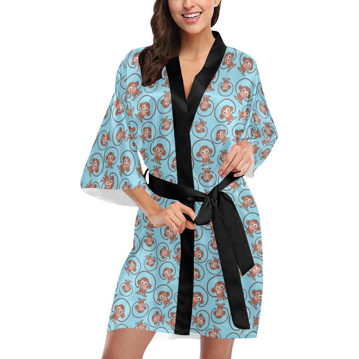 Monkey Cute Design Themed Print Women Short Kimono Robe