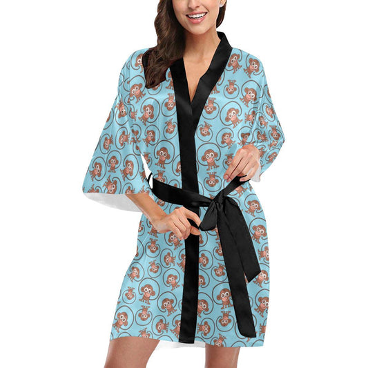 Monkey Cute Design Themed Print Women Short Kimono Robe