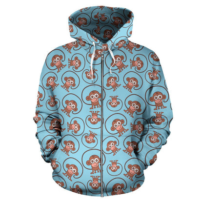 Monkey Cute Design Themed Print Zip Up Hoodie