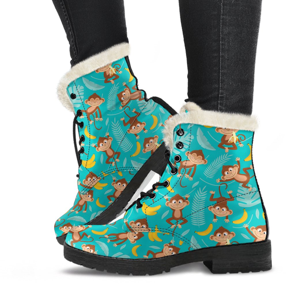 Monkey Happy Design Themed Print Faux Fur Leather Boots-JTAMIGO.COM