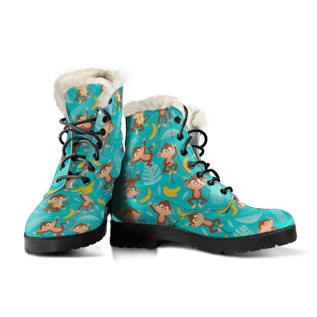 Monkey Happy Design Themed Print Faux Fur Leather Boots-JTAMIGO.COM