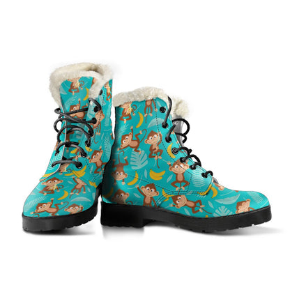Monkey Happy Design Themed Print Faux Fur Leather Boots-JTAMIGO.COM