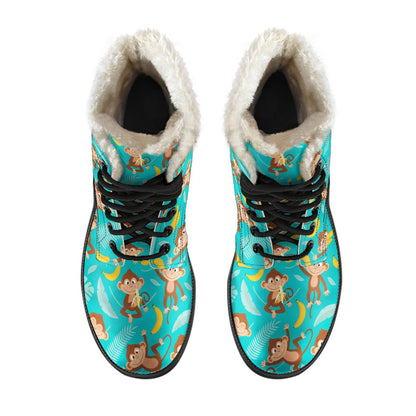 Monkey Happy Design Themed Print Faux Fur Leather Boots-JTAMIGO.COM