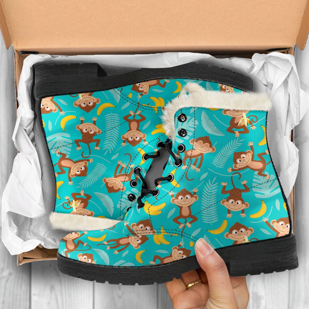 Monkey Happy Design Themed Print Faux Fur Leather Boots-JTAMIGO.COM