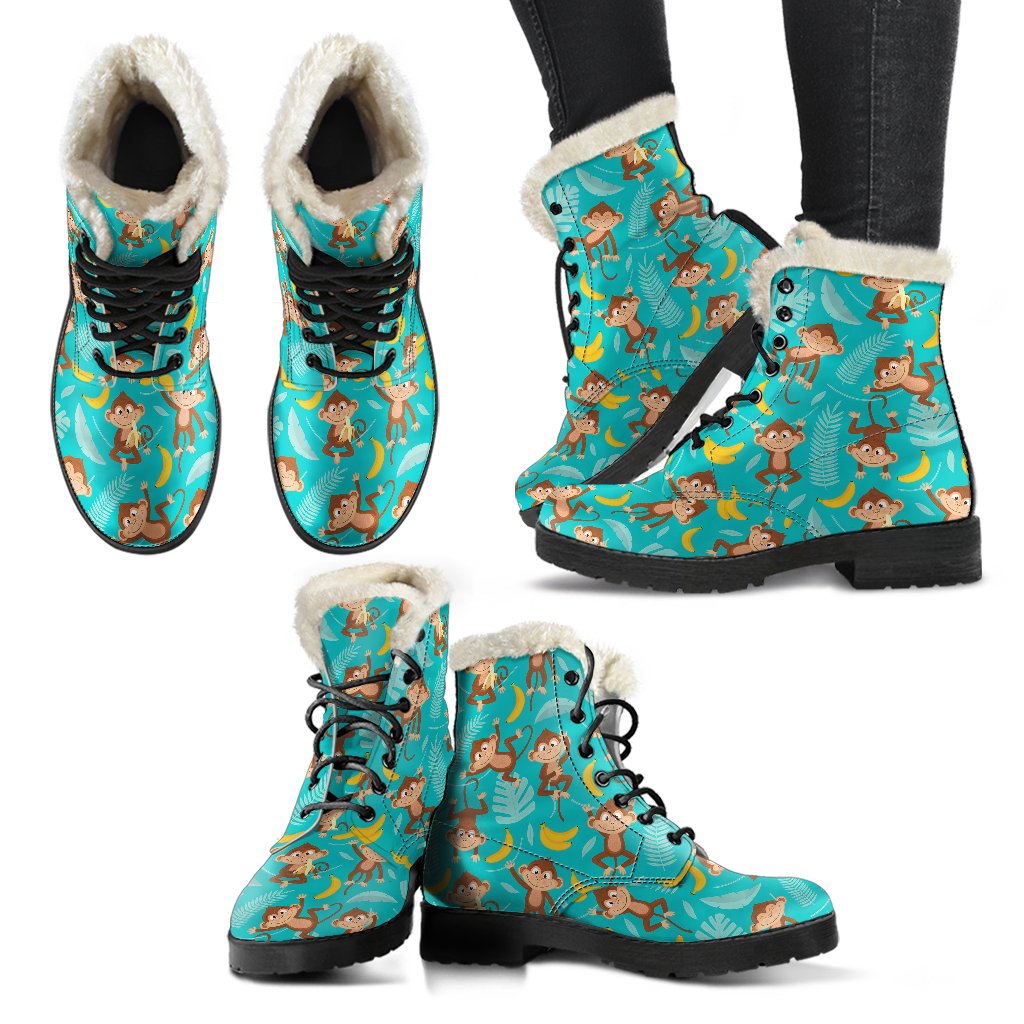 Monkey Happy Design Themed Print Faux Fur Leather Boots-JTAMIGO.COM