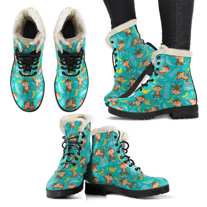 Monkey Happy Design Themed Print Faux Fur Leather Boots-JTAMIGO.COM