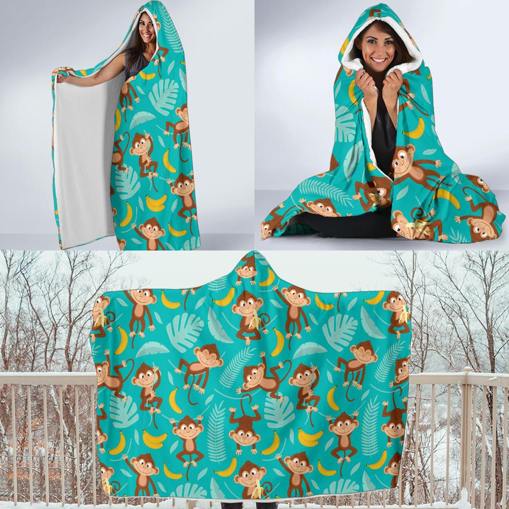 Monkey Happy Design Themed Print Hooded Blanket-JTAMIGO.COM
