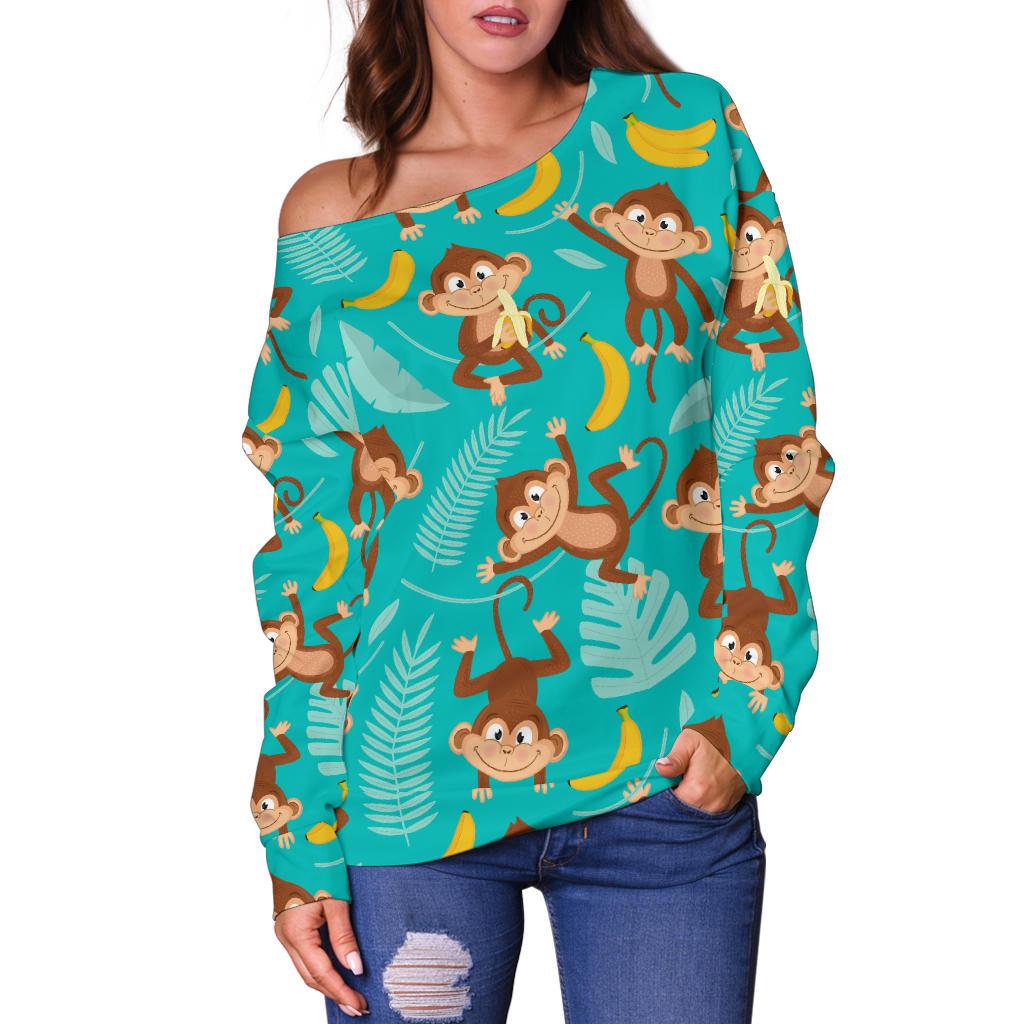 Monkey Happy Design Themed Print Off Shoulder Sweatshirt