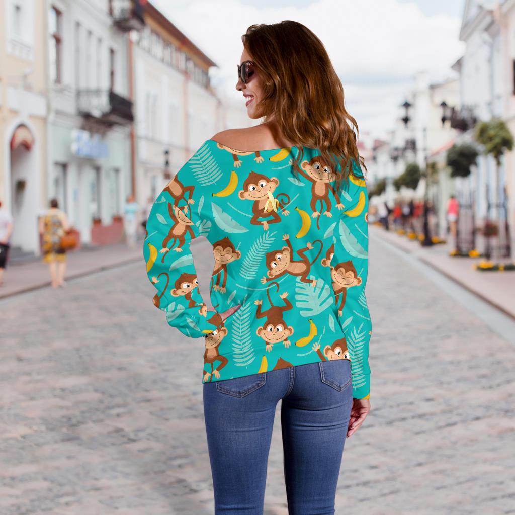 Monkey Happy Design Themed Print Off Shoulder Sweatshirt